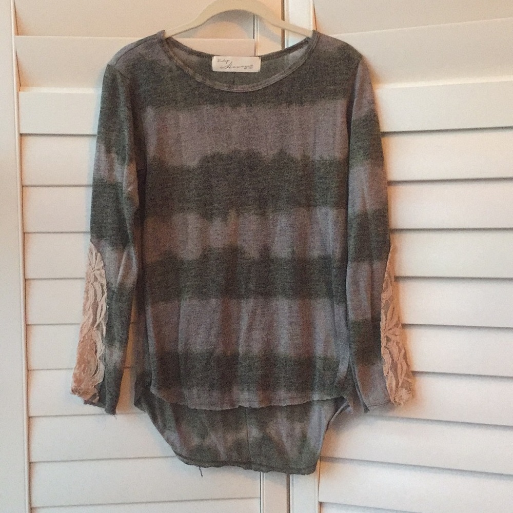 Gray Striped Top w/ Lace Sleeves